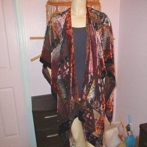 Vtg Y2K Velvet Burnout Shawl Gypsy Wrap Sheer Mesh Duster Patchwork Artsy Witchy - Picture 1 of 13